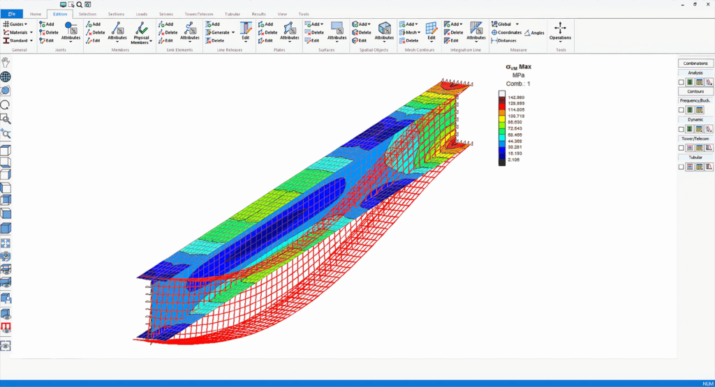 Animation showing the results of a structural analysis, with colors indicating areas of stress and deformation across the structure.