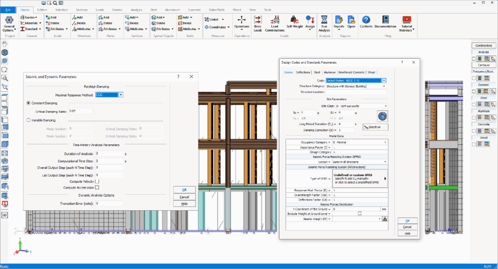 Multi-material code checks to AISC 360, CSA S16, NDS, CSA O86, ACI 318 and CSA A23.3 in GSE
