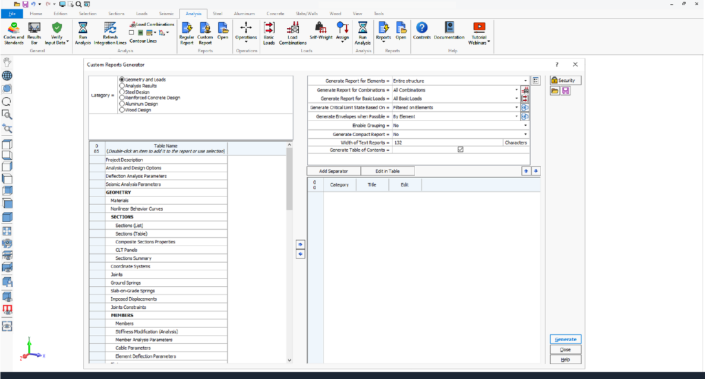 Editable custom report of structural analysis results exported to Word and Excel in GSE